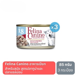 ส่งฟรี Felina Canino OCEAN ENSEMBLE อาหารเปียกสำหรับสุนัข รสทูน่า ปลาแซลมอนในน้ำเกรวี่ 3 กระป๋อง