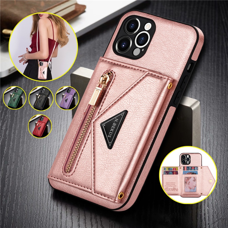 ☁Apple Phone Case IPhone 12 13 Mini Pro Max Skin Feel Fashion Card Holder Card Wallet Leather Case