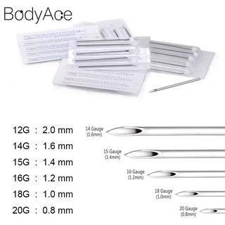 Bodyace ชุดเครื่องมือเจาะร่างกาย จิวสะดือ ปาก จมูก สเตนเลส 316L ใช้แล้วทิ้ง 12 14 16 18 20 กรัม 1 ชุด