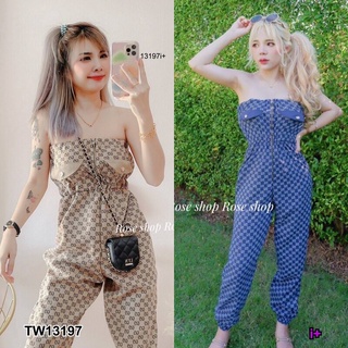 KT13197 jumpsuit จั้มสูทเกาะอกขายาว ผ้าลูกฟูกพิมลายกราฟฟิก อกสม็อค มีซิปหน้า 2 สี