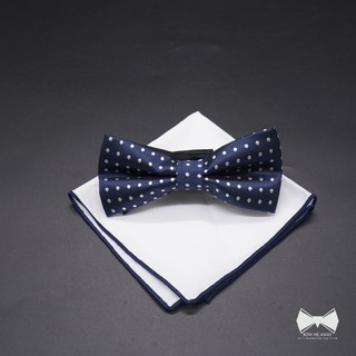 เซ็ทหูกระต่ายน้ำเงินลายจุด + ผ้าเช็ดหน้าสูท-Blue Bowtie + Pocket square