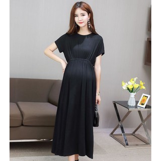 ชุดคลุมท้อง แขนสั้น  QUILLA Short Sleeved Plain Long Maternity Classic Dress