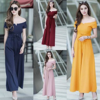 TW5917 Jumpsuit ชุดจั้มสูทขายาว เกาะอก เข็มขัดเจาะตาไก่