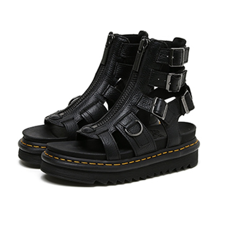 Dr.martens รองเท้าแตะผู้ชายรองเท้าแตะพื้นหนามีซิปหนังลิ้นจี่ด้านหน้าน้ําหนักเบาและสบาย