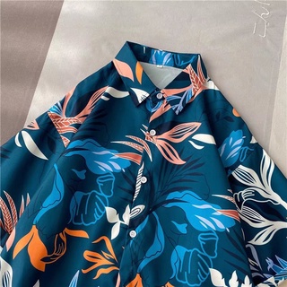 Shirt【M-3XL】Han Feng Fashion casual mens short sleeve shirt Personalized gradually dyed pattern leaf shirt College style handsome jacket Oversized loose and comfortable five-point sleeve shirt