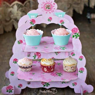 ชั้นวางคัพเค้ก 2 ชั้น ลายดอกุหลา พื้นถาดสีชมพูอ่อน Paper Cupcake Treat Stand Set