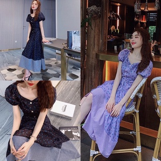 พร้อมส่ง Maxidress เดรสสีม่วง เดรสสีดำ เดรสลายดอกไม้ เดรสกระโปรง เดรสแขนตุ๊กตา เดรสคอวี งานป้าย