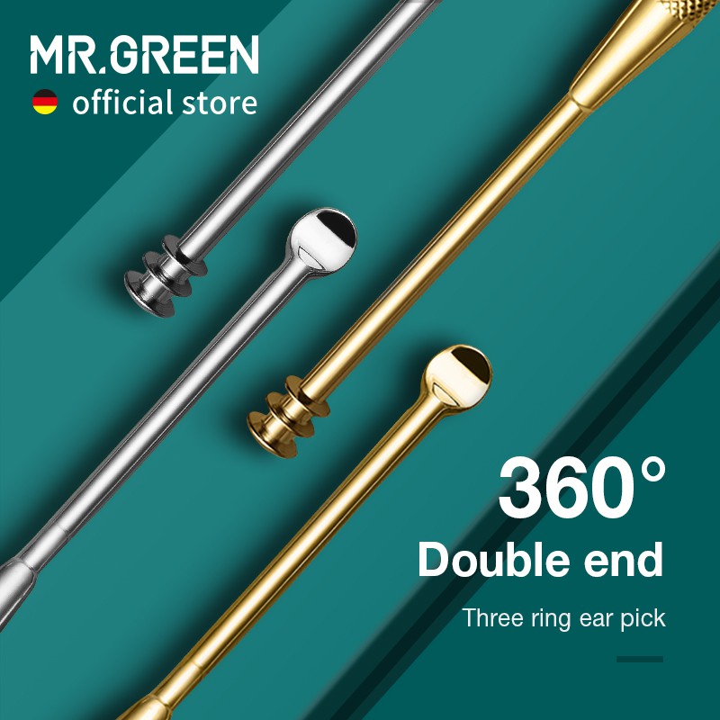 Mr.green ที่แคะหู แบบสองด้าน 360° ช้อนสเตนเลส สามห่วง สําหรับทําความสะอาดหู