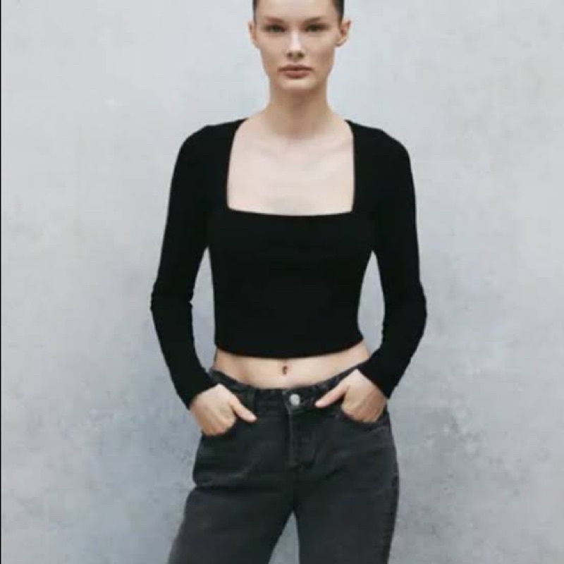 [NEW] ZARA Square Neckline T-Shirt TRF - Black (Size S) เสื้อคอเหลี่ยมสีดำ แขนยาว ผ้าเนื้อดี แบบเรีย