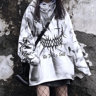 White Gothic Hooded Pullover เสื้อกันหนาว Schoolgirl Evil ยิ้มพิมพ์ Dark Tie-Dye Plus ขนาด Top Plus Velvet