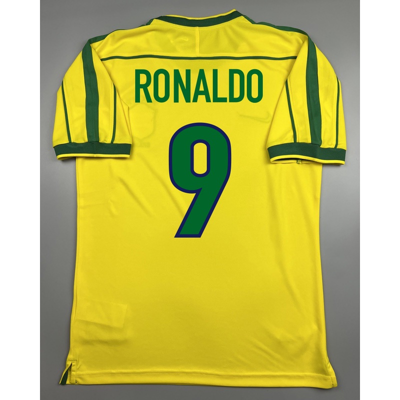เสื้อบอล ย้อนยุค ทีมชาติ บราซิล 1998 เหย้า Retro Brazil Home พร้อมเบอร์ชื่อ 9 RONALDO เรโทร คลาสสิค