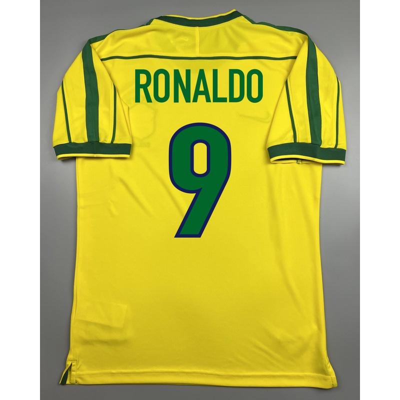 เสื้อบอล ย้อนยุค ทีมชาติ บราซิล 1998 เหย้า Retro Brazil Home พร้อมเบอร์ชื่อ 9 RONALDO เรโทร คลาสสิค สินค้าอยู่ไทย
