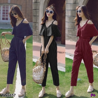 SK6657 Jumpsuit จั้มสูทขายาวลายริ้ว สายเดี่ยวทรงเว้าไหล่ขายาว แต่งระบายปีกค้างคาว เนื้อผ้าไหมอาลีทั้งตัว งานสวยมีซิปหลัง