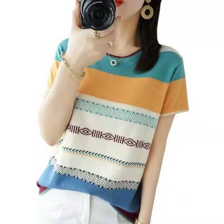 ชุดเดรสเสื้อยืดกันหนาว แขนสั้น ผ้าถัก ลายทาง ทรงหลวม เข้ากับทุกการแต่งกาย แฟชั่นฤดูร้อน สําหรับเด็กผู้หญิง 2022