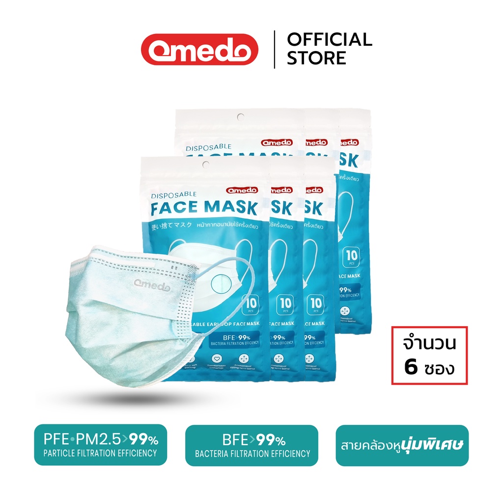 [Official Store] Omedo Mask หน้ากากอนามัย สายคล้องหูนุ่มพิเศษ 3 ชั้น ซองซิปล็อค 10 ชิ้น (x 6 ซอง)