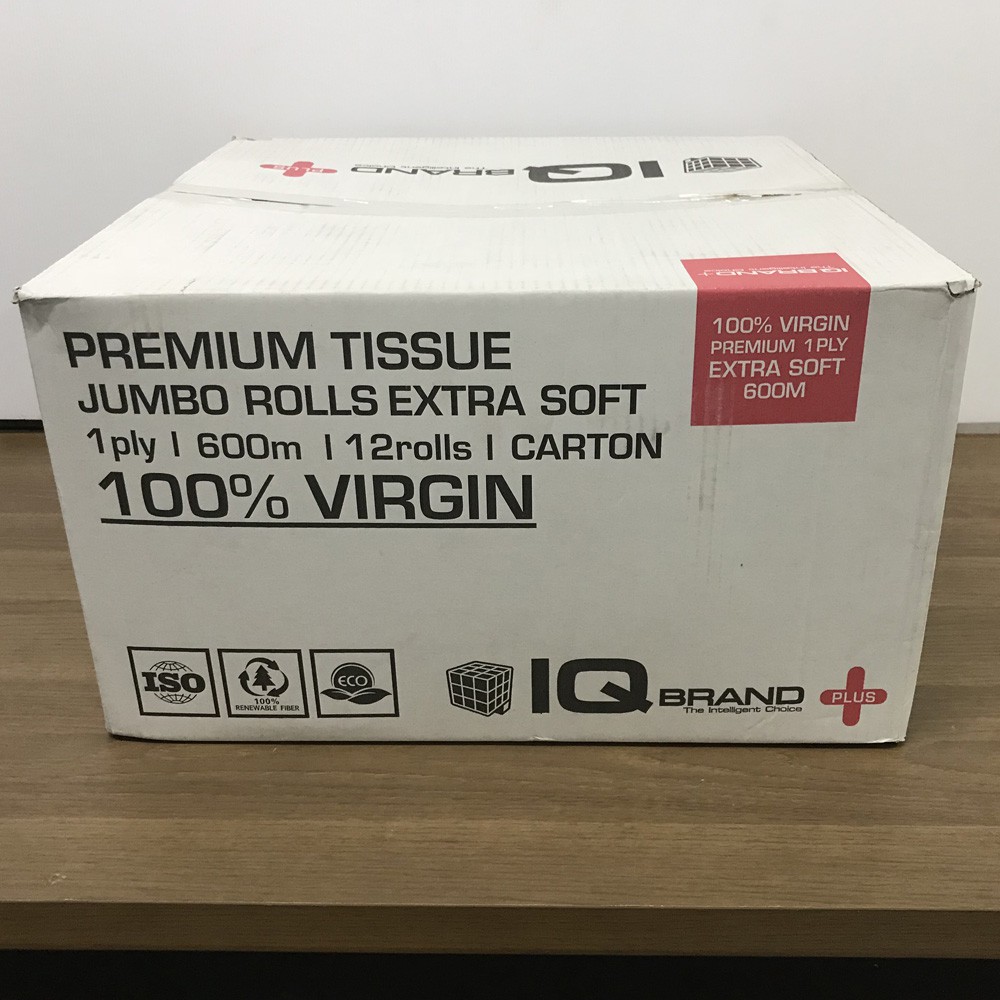 IQ BRAND กระดาษชำระม้วนใหญ่ (JRT) เยื่อกระดาษบริสุทธิ์ 100% ไม่มีลาย หนา 1 ชั้น ยาว 600 เมตร