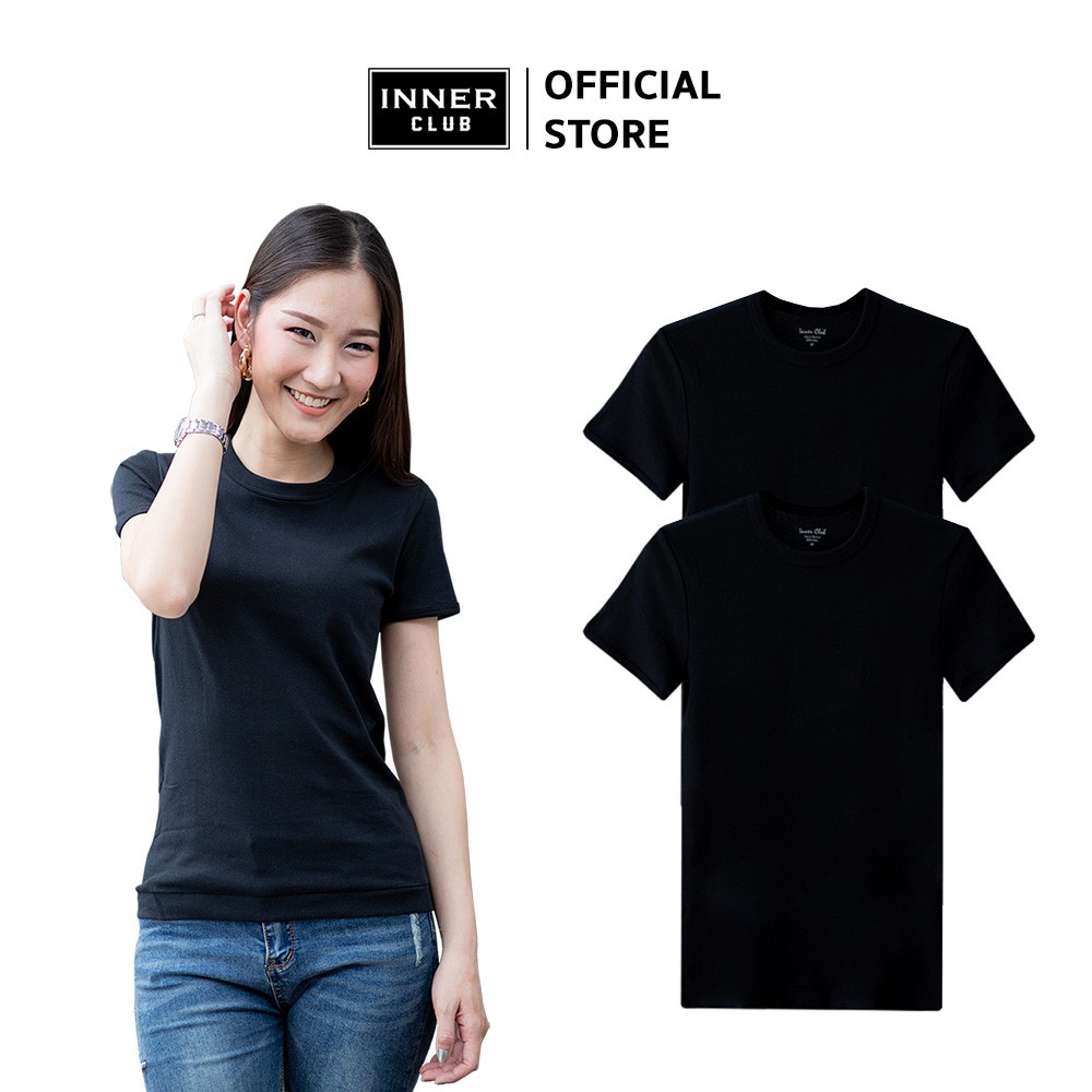 Inner Club เสื้อยืดคอกลม ผู้หญิง สีดำ Cotton 100% (แพค 2 ตัว)