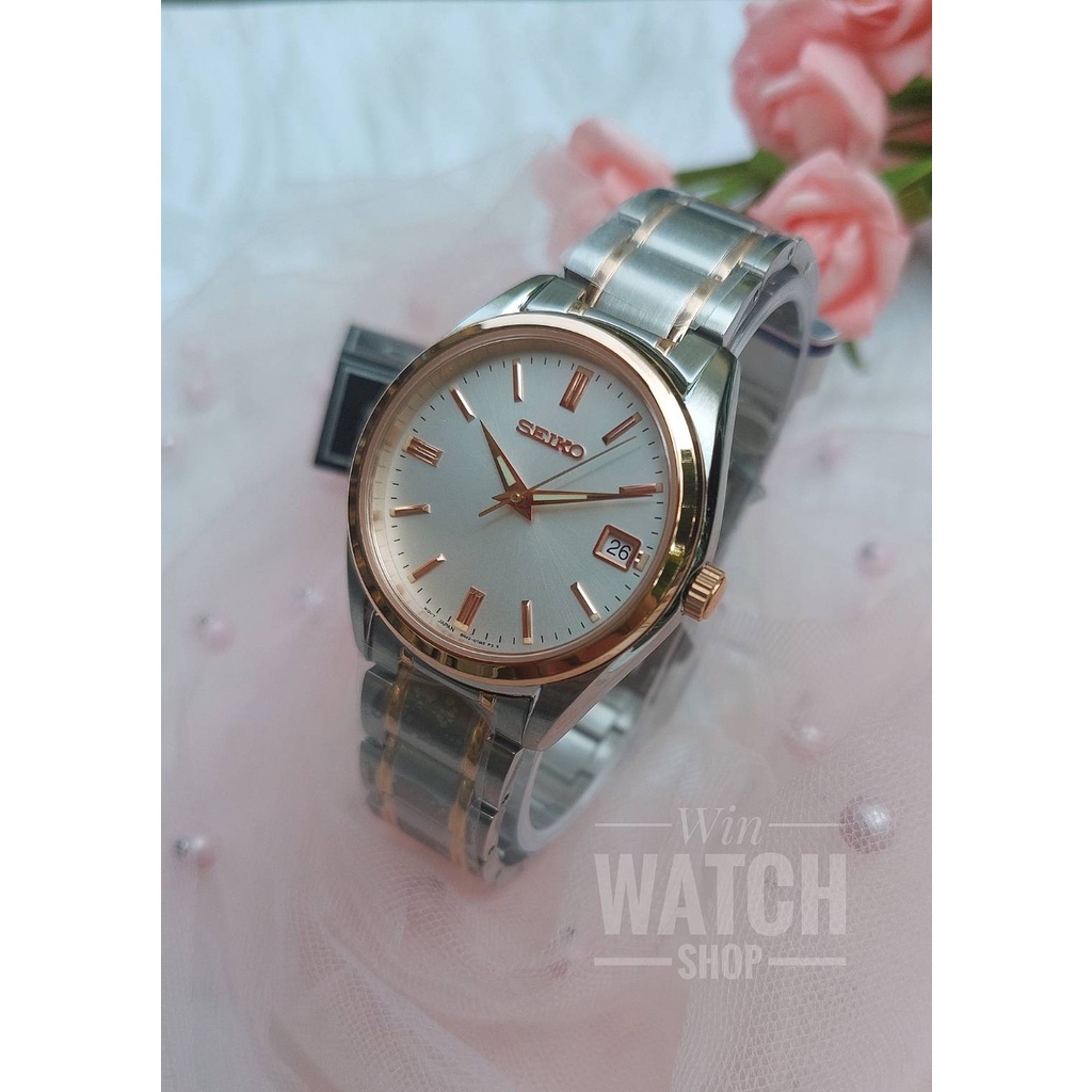 นาฬิกา Seikoแท้ รุ่น SUR322P1 นาฬิกาข้อมือผู้หญิงสายแสตนเลส สองกษัตริย์ ขอบหน้าปัดสี Pink gold กระจก แซฟไฟร์ - ของแท้ ประกันศูนย์ Seiko ไทย