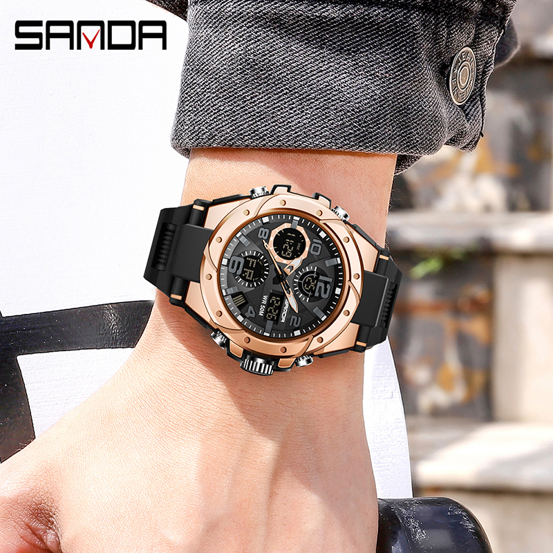 SANDA นาฬิกาข้อมือควอตซ์ มีไฟ LED กันน้ำ หรูหรา สไตล์ทหาร สำหรับผู้ชาย 6008