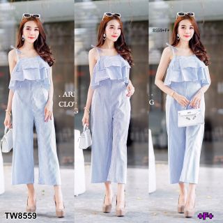 MF8559🍓
Jumpsuit จั้มสูทสายเดี่ยวทรงกางเกงขายาว  ริผ้าทอลายริ้ว ช่วงอกแบบปาดไม่โป๊  มีระบาย2ชั้น