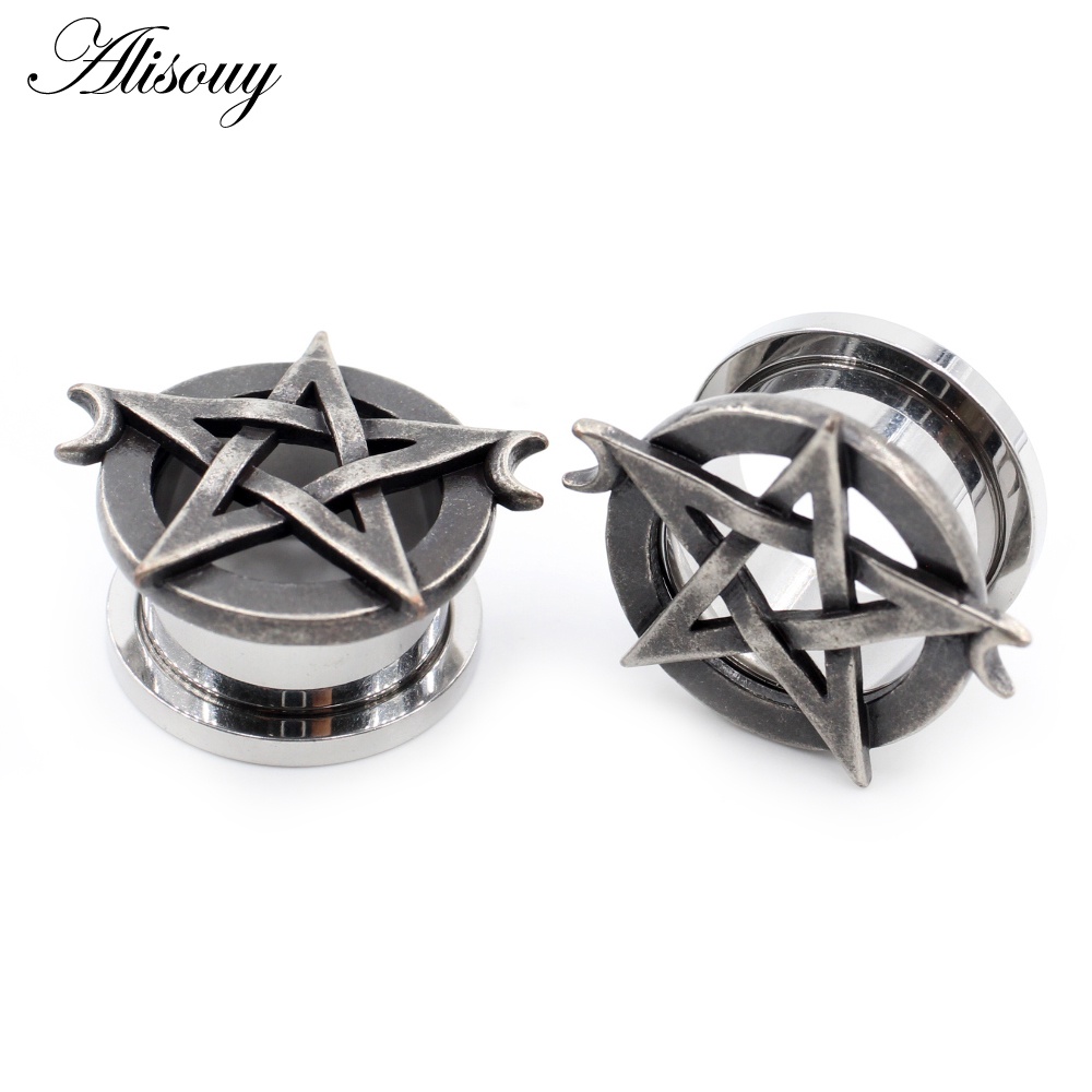 Alisouy 2 ชิ้น 8 มิลลิเมตร-25 มิลลิเมตร Punk สแตนเลส Star Moon คลายเกลียวหูอุโมงค์ปลั๊ก Expander Stretcher Gauges Body Piercing