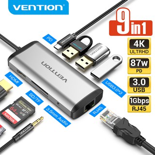 Vention อะแดปเตอร์ฮับ USB C 9-in-1 พร้อมที่ชาร์จ 4K HDMI PD Gigabit Ethernet 3 USB 3.0 SD TF การ์ดรีดเดอร์ แจ็ค 3.5 มม. CNC CND THA CKB