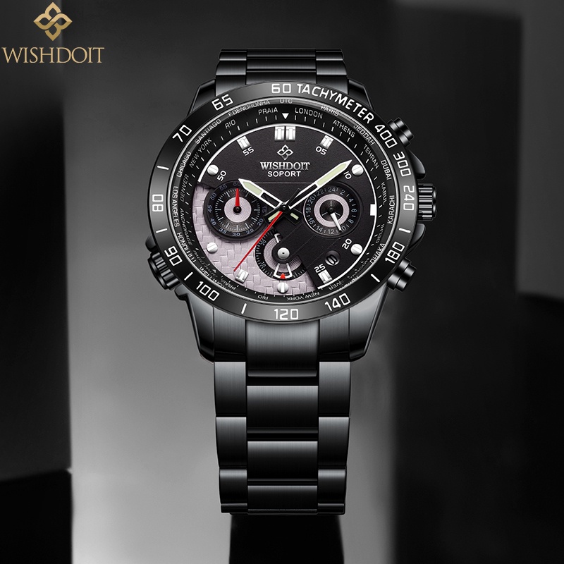 WISHDOIT Jam Tangan lelaki ผู้ชายหรูหราแท้นาฬิกากันน้ําสแตนเลสสีดํามัลติฟังก์ชั่ Chronograph กีฬา Luminous Analog นาฬิกาควอตซ์