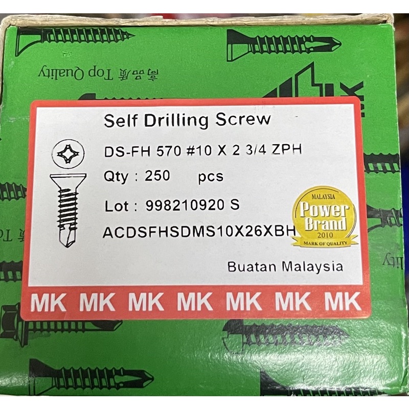 MK 570 DS-FH สกรูเจาะตัวเอง 10 X 2-3/4" ZPH (250 ชิ้น) สกรูสําหรับโลหะ SKRU EKOR UDANG KUNCI BESI CE