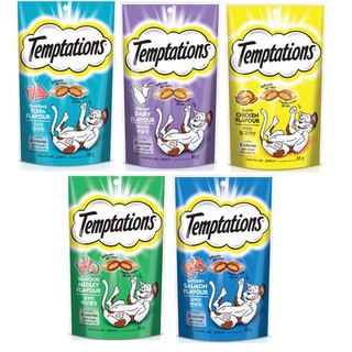 Temptations เทมเทชั่น ขนมแมว ขนมแมว กรุบกรอบสอดใส้ 85g. ขนมแมวแคลต่ำ ผสมอาหารเม็ด