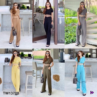 ชุดเซต 2 ชิ้น เสื้อครอปเอวสม๊อค ผูกเชือก น่ารักมาก + กางเกงขายาวกระดุมหน้า
