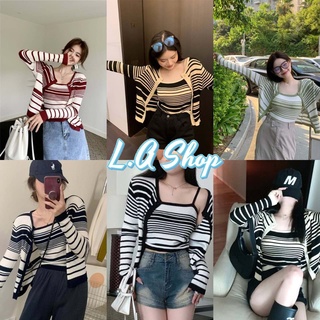 L.A Shop พร้อมส่ง เสื้อคลุมไหมพรม+สายเดี่ยวไหมพรม ดีเทลลายทางพื้นๆน่ารัก "6A79+6A79-1"