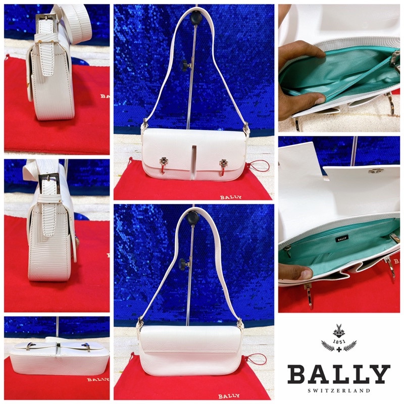 👝: Rare BALLY Grallo White Leather Shoulder Bag แท้💯%