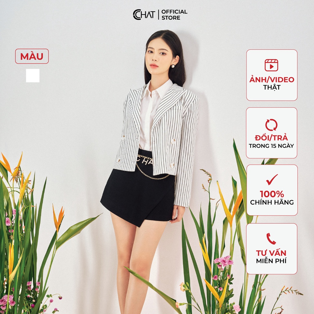 เบลเซอร์ผู้หญิง CCHAT คอปกสไตล์ 2 ปกจีบหลังอ่อนเยาว์สไตล์หรูหรา 22EHS7001ST