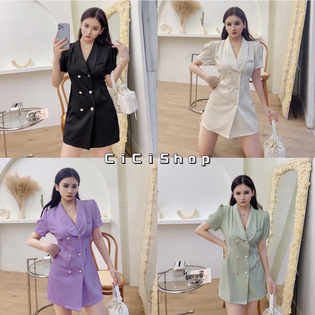 Cicishop(SALE/สุ่มสี 2178/2176)เสื้อครอป/เดรสทรงเบลเซอร์ ดีเทลแขนตุ๊กตาแต่งกระดุมทอง สไตล์โคเรีย