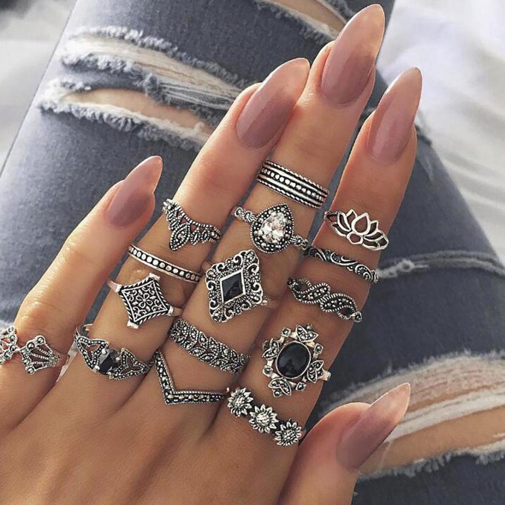 เครื่องประดับแหวนนิ้วมือแฟชั่นวินเทจหิน femme สีเงิน 15 ชิ้น/ชุด