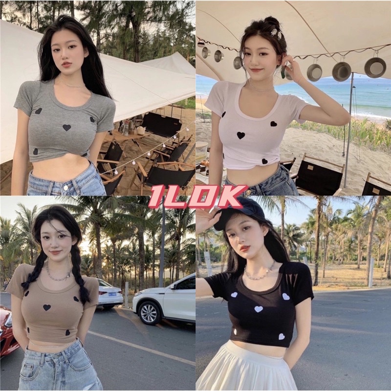 1LDK พร้อมส่ง เสื้อยืด แขนสั้นคอกลม เสื้อครอป แต่งลายปักรูปหัวใจ(56022)