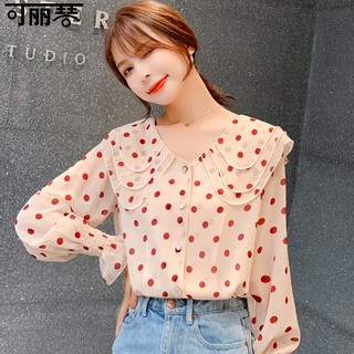 เสื้อผ้าคอลเลคชั่นฤดูใบไม้ร่วง เนื้อผ้าชีฟองสีครีมลายจุดสีแดง พร้อมส่ง Size XL ไซส์อื่นๆสามารถสั่งจองสินค้าได้ค่ะ
