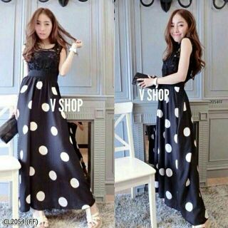 👗 H2054 แม็กซี่เดรสแขนกุด งานผ้าลูกไม้เย็บซับในติดลายลูกไม้สวย กระโปรงตัดเย็บด้วยงานผ้าโฟร์เวย์พิมพ์ลายจุดใหญ่