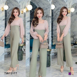 CS15177  Jumpsuit จั้มสูทขายาวแขนพองสีทูโทน