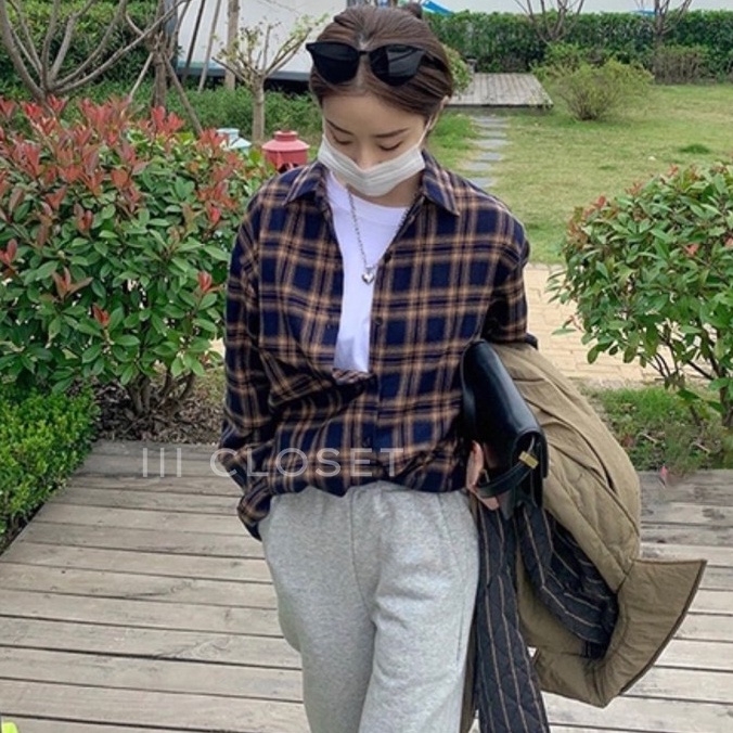 เสื้อเชิ้ต lll Freesize lll BA020 คอปก แขนยาว ลายสก็อต ผ้าคอตตอนญี่ปุ่น ผ้าดี ใส่สบาย