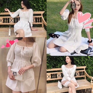 พร้อมส่ง เดรสคอเหลี่ยมแขนพอง มินิเดรสสีขาว เดรสสีขาว เดรสสม็อค เดรสปาดไหล่ งานป้าย
