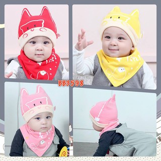 เซ็ตหมวกเด็กเล็กลายแมวเหมียวและปลา มาพร้อมผ้ากันเปื้อน จาก BEINAXI