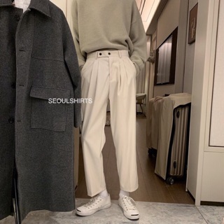 🇰🇷 พร้อมส่ง 4 สี! กางเกงลำลองผู้ชาย สไตล์เกาหลี กางเกงทรงกระบอกเล็ก จีบหน้า ทรงสวยมากๆ กางเกงสแลค ผ้าใส่สบาย P02