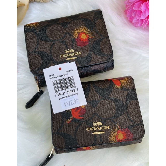 SMALL TRIFOLD WALLET IN SIGNATURE CANVASWITH POP FLORAL PRINT (COACH C6042)