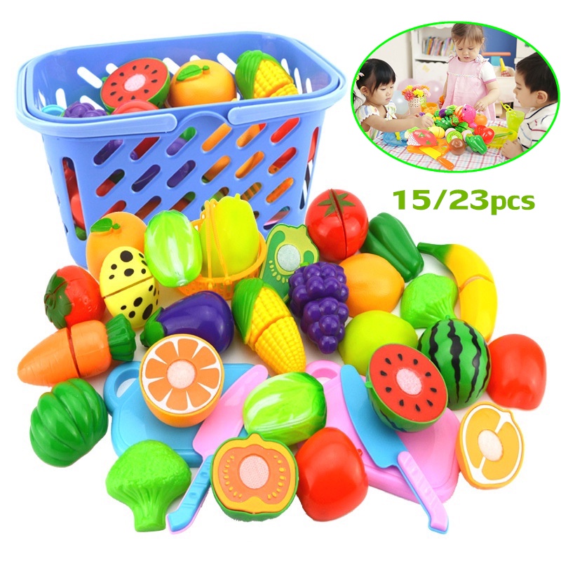 15/23PCS ผลไม้ปลอม ผักปลอม ของเล่นผักและผล เด็กตัดผลไม้ ของเล่นผลไม้ เล่นบ้านของเล่น