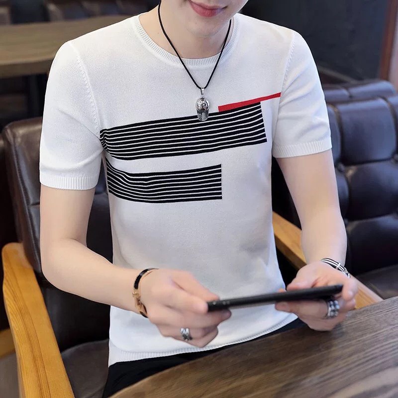 เสื้อเวอร์ชั่นเกาหลี เสื้อยืดแฟชั่นคอกลม ลายริ้ว