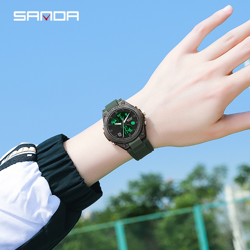 SANDA นาฬิกาข้อมือสตรีสุดหรูควอตซ์กันน้ำ LED พร้อมนาฬิกาว่ายน้ำอเนกประสงค์