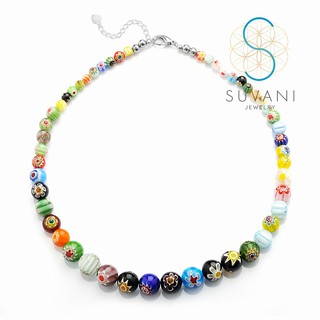 Suvani Jewelry - เงินแท้ 92.5% สร้อยคอที่ทำจากแก้วมูราโน่ Millefiori สีสันสดใส ลายดอกไม้ สร้อยคอแฮนเมด