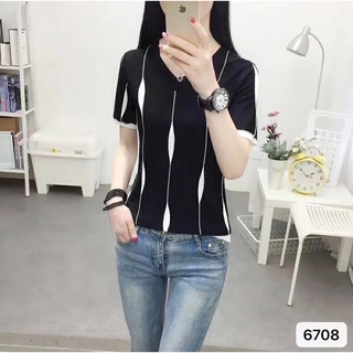 (พร้อมส่ง/ใหม่รุ่น-6708#)เสื้อไหมพรมแขนสั้นแฟชั่นเกาหลีสำหรับผู้หญิง