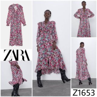 เดรสยาว ZARA คอจีนระบาย ผ้าคอตตอนซิลค์ พิมพ์ลายดอกไม้โทนชมพูหลายเฉดผสมเทา หัวไหล่แต่งปีกระบาย ชายแขนเสื้อจั๊มระบาย